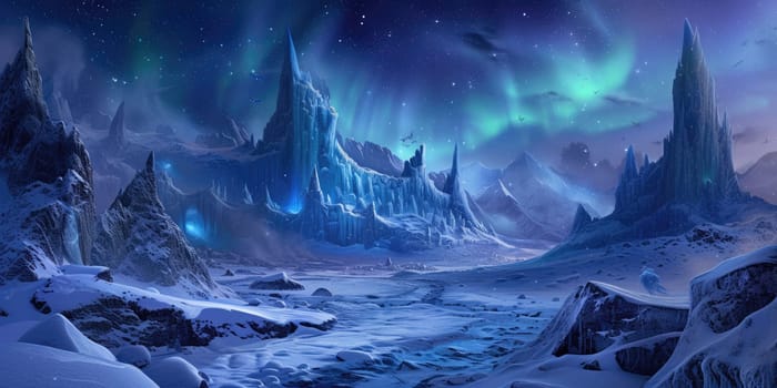 A magical winter wonderland at night, with ice castles, aurora borealis in the sky, and mystical creatures wandering in the snow-covered landscape. Resplendent.