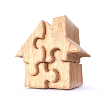 Small house made of wooden jigsaw puzzles 3D rendering illustration isolated on white background