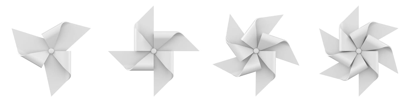 Collection of white pinwheels 3D rendering illustration isolated on white background