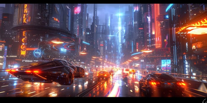 Futuristic city glows with soft hues, complemented by the sleek design of hovering vehicles above the vibrant skyline. Resplendent.