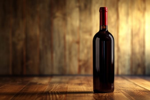 Red wine bottle , sits on a wooden table over a rustic background.