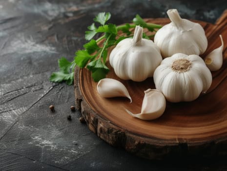 garlic on a wooden board with copy space.