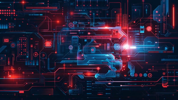 Complex circuit board with red and blue neon lights, symbolising connectivity.