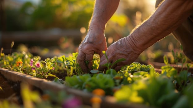 A group of people are collecting various plants such as flowers, grass, leaf vegetables, and shrubs in a garden. AIG41