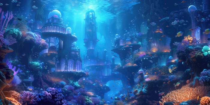 An underwater city with bioluminescent coral, schools of colorful fish, and ancient ruins, all illuminated by the eerie glow of an underwater volcano. Resplendent.