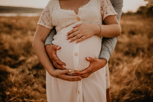 hands of future mother and father clasped pregnant big tummy. husband hugs pregnant wife. Happy family resting in nature hugs in summer at sunset. Caucasian woman in white cotton dress