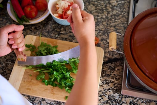 Close-up detail of woman chef hands holding a large knife and chopping fresh green parsley on a wood chopping board in the home kitchen interior. View from above