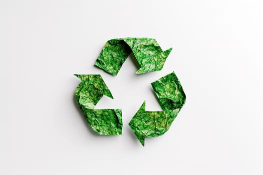 Recycling symbol made of crumpled green paper on a white background. Environmental protection concept.