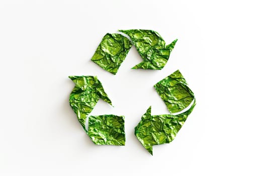 Recycling symbol made of crumpled green paper on a white background. Environmental protection concept.