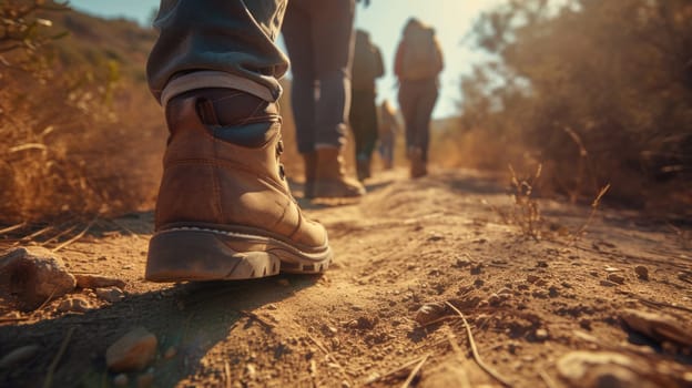 A person with hiking boots explores the natural landscape of a forest, walking along a woodland path. The vibrant electric blue sky complements the lush green scenery. AIG41