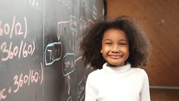 Site view of young african girl looking at camera while standing at blackboard with engineering prompt. Student smiling at camera system code written behind in STEM technology classroom. Erudition.