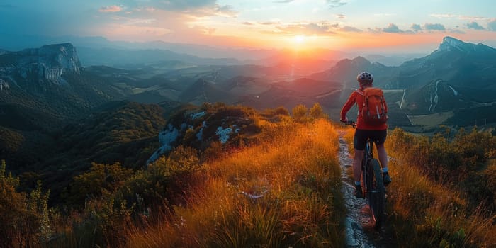 A person in active gear riding a bicycle on a challenging trail amidst mountainous terrain.