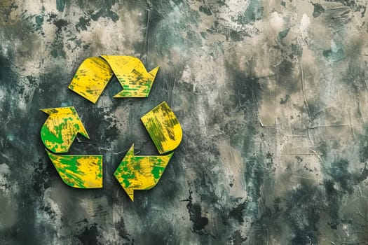 The recycling symbol is yellow-green on a muted gray background. Environmental protection concept.