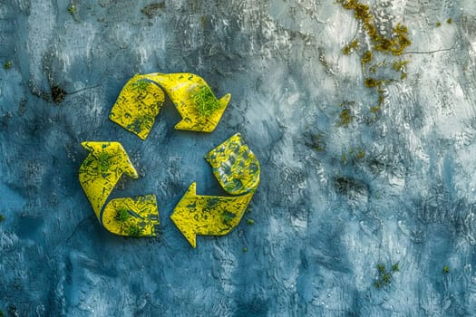The recycling symbol is yellow-green on a muted gray background. Environmental protection concept.