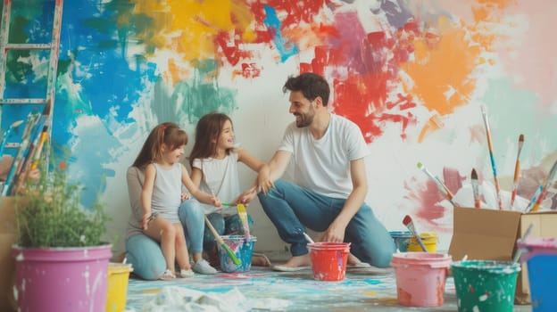 A happy family sharing a fun leisure event, sitting on the floor in front of a colorful wall, with smiles and laughter filling the room. AIG41