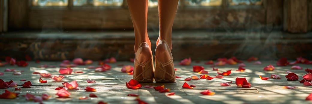 A womans legs in high heels standing amidst a scattering of rose petals.
