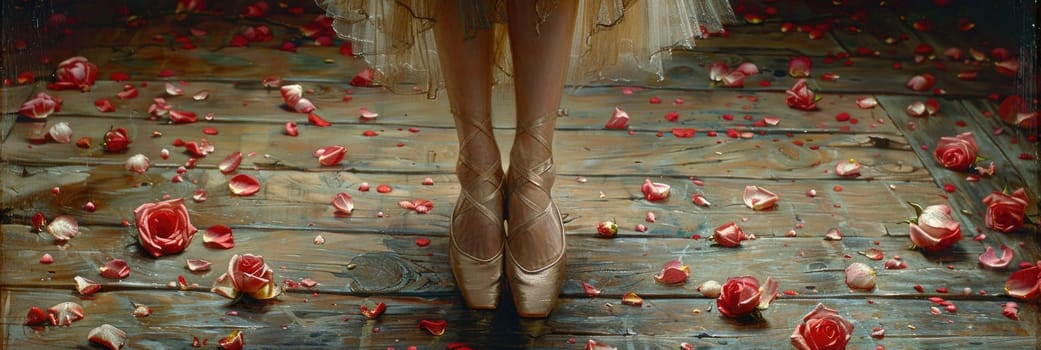 Hyperrealism painting featuring a womans legs with rose petals scattered on the ground.