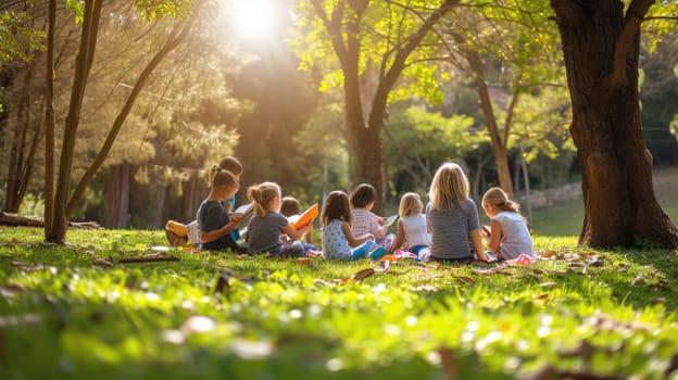 A joyful group of people enjoying the natural landscape, sitting on the grass in a park surrounded by trees and terrestrial plants. AIG41