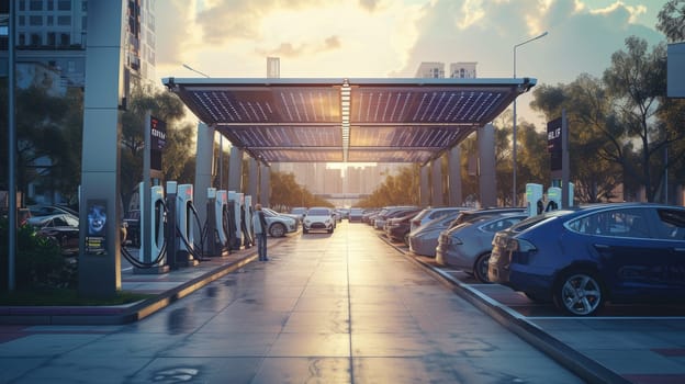 An aerial view of a car charging station in a parking lot, combining urban design, landscape, and sustainable transportation AIG41