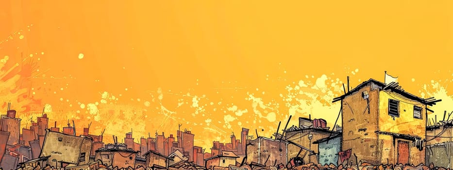 Stylized Illustration of a Bustling Urban Slum at Golden Hour, copy space