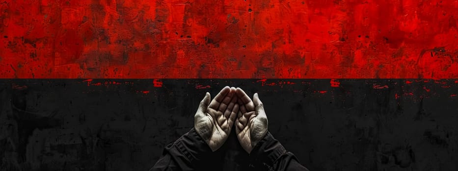 Abstract Red and Black Grunge Background with Hands in Prayer, copy space