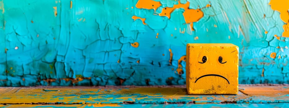 Sad Yellow Emoji Cube on Cracked Turquoise Paint Background, copy space