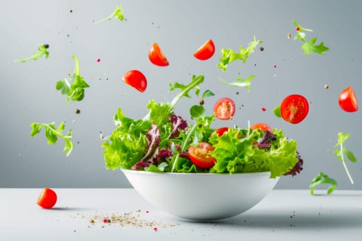 A white bowl is filled with crisp lettuce and bright red tomatoes, creating a colorful and healthy meal option.