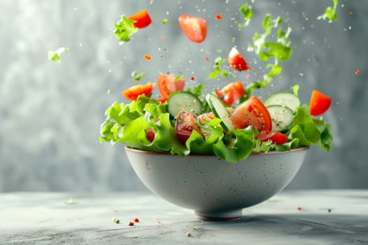 A white bowl filled with fresh lettuce leaves and ripe red tomatoes against a neutral gray background.