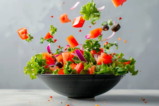 A black bowl filled with fresh lettuce and sliced carrots, set against a gray background.