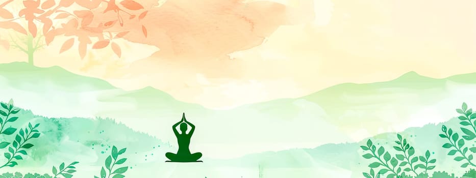 Serene Yoga Pose Silhouette in Pastel Nature Landscape. banner