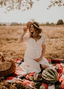 happy European caucasian pregnant woman relaxing in nature picnic looking at camera. expectant mother in hat and dress hold hand on belly. face with moles
