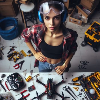 photo of Engineer working on racing fpv drone combat kamikaze bomber in workshop. birds eye view