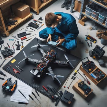 photo of Engineer working on racing fpv drone combat kamikaze bomber in workshop. birds eye view