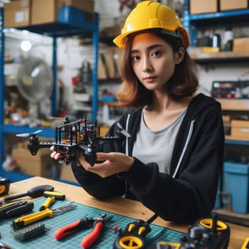 photo of Engineer working on racing fpv drone combat kamikaze bomber in workshop. birds eye view