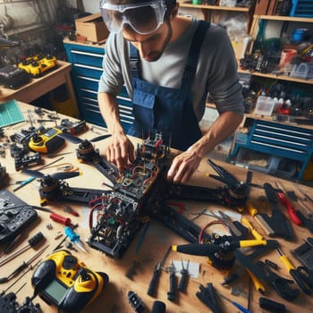 photo of Engineer working on racing fpv drone combat kamikaze bomber in workshop. birds eye view