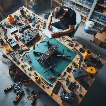 photo of Engineer working on racing fpv drone combat kamikaze bomber in workshop. birds eye view