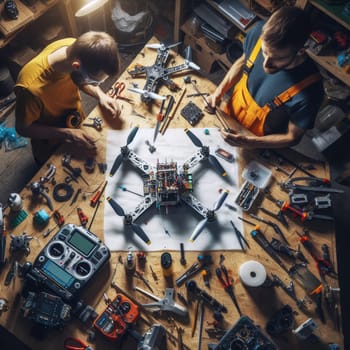 photo of Engineer working on racing fpv drone combat kamikaze bomber in workshop. birds eye view