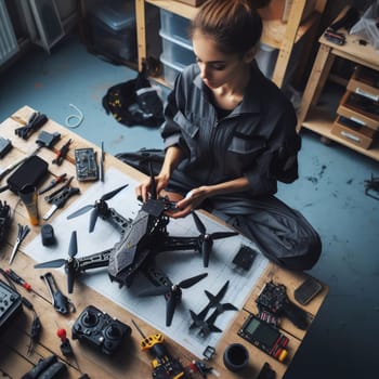 photo of Engineer working on racing fpv drone combat kamikaze bomber in workshop. birds eye view