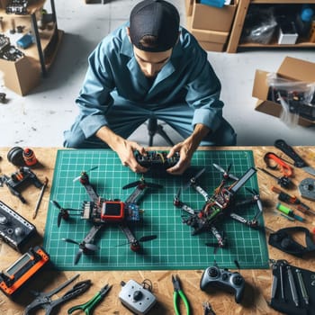 photo of Engineer working on racing fpv drone combat kamikaze bomber in workshop. birds eye view