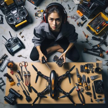 photo of Engineer working on racing fpv drone combat kamikaze bomber in workshop. birds eye view