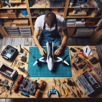 photo of Engineer working on racing fpv drone combat kamikaze bomber in workshop. birds eye view