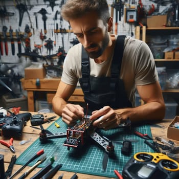 photo of Engineer working on racing fpv drone combat kamikaze bomber in workshop. birds eye view