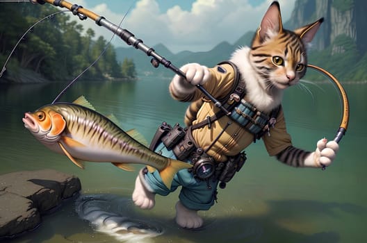 The cat is fishing on a beautiful big lake. Image generated by AI.