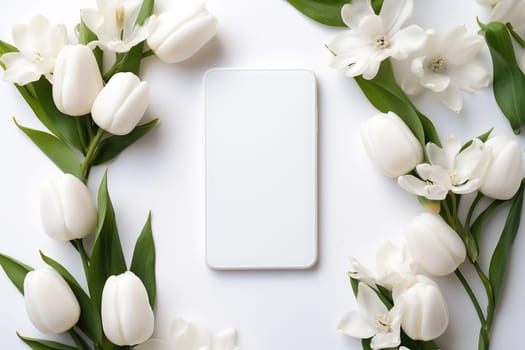 Smartphone mockup with white tulips. Smartphone screen mockup on white background for presentation or app design.