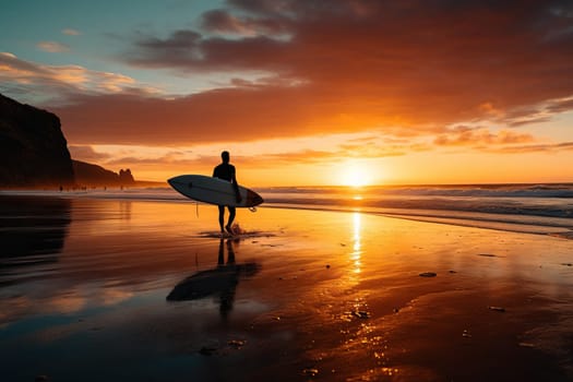 Silhouette of a man with a surfboard at sunset.