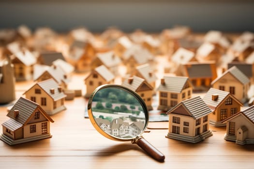 Small house under a magnifying glass. The concept of searching for housing and apartments.