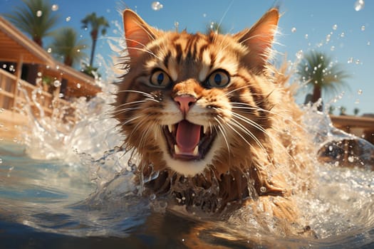 A cat in the pool at the resort. Cats are floundering in the water.