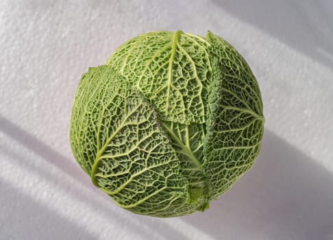 One fresh savoy cabbage isolated on White background. Whole head of organic savoy cabbage, Green vegetable, Space for text, Selective focus.