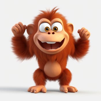 A playful cartoon orangutan with a wide grin, large eyes, and fluffy orange fur against a plain background - Generative AI