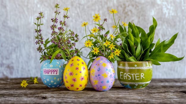 A charming Easter setup with vibrantly painted eggs and blooming spring flowers in a festive arrangement - Generative AI